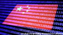 Chinese flag displayed on a phone screen and binary code displayed on a laptop screen are seen in this multiple exposure illustration photo taken in Krakow, Poland on August 25, 2022. (Photo by Jakub Porzycki/NurPhoto)