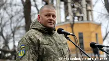 KYIV, UKRAINE - FEBRUARY 19, 2022 - Commander-in-Chief of the Armed Forces of Ukraine Lt Gen Valerii Zaluzhnyi delivers a speech during the commemorative event for the Debaltseve defenders in Askold's Grave Park, Kyiv, capital of Ukraine. The Battle of Debaltseve took place on January 14 - February 20, 2015, between Ukrainian troops and pro-Russian separatist forces for Debaltseve, a city in Donetsk Region with vital transport hub., Credit:Yuliia Ovsiannikova / Avalon