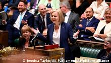 In this photo provided by UK Parliament, Britain's new Prime Minister Liz Truss speaks during Prime Minister's Questions in the House of Commons in London, Wednesday, Sept. 7, 2022. (Jessica Taylor/UK Parliament via AP)