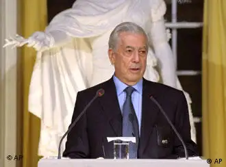 Mario Vargas Llosa delivers his Nobel lecture at the Swedish Academy in the Old Town of Stockholm, Sweden Tuesday Dec. 7 2010 ahead of the Nobel awarding ceremony on Friday. The 2010 Nobel Literature laureate is a Peruvian and Spanish citizen. The statue behind him pictures King Gustaf III, founder of the academy. (AP Photo/Scanpix Sweden/Henrik Montgomery) ** SWEDEN OUT **