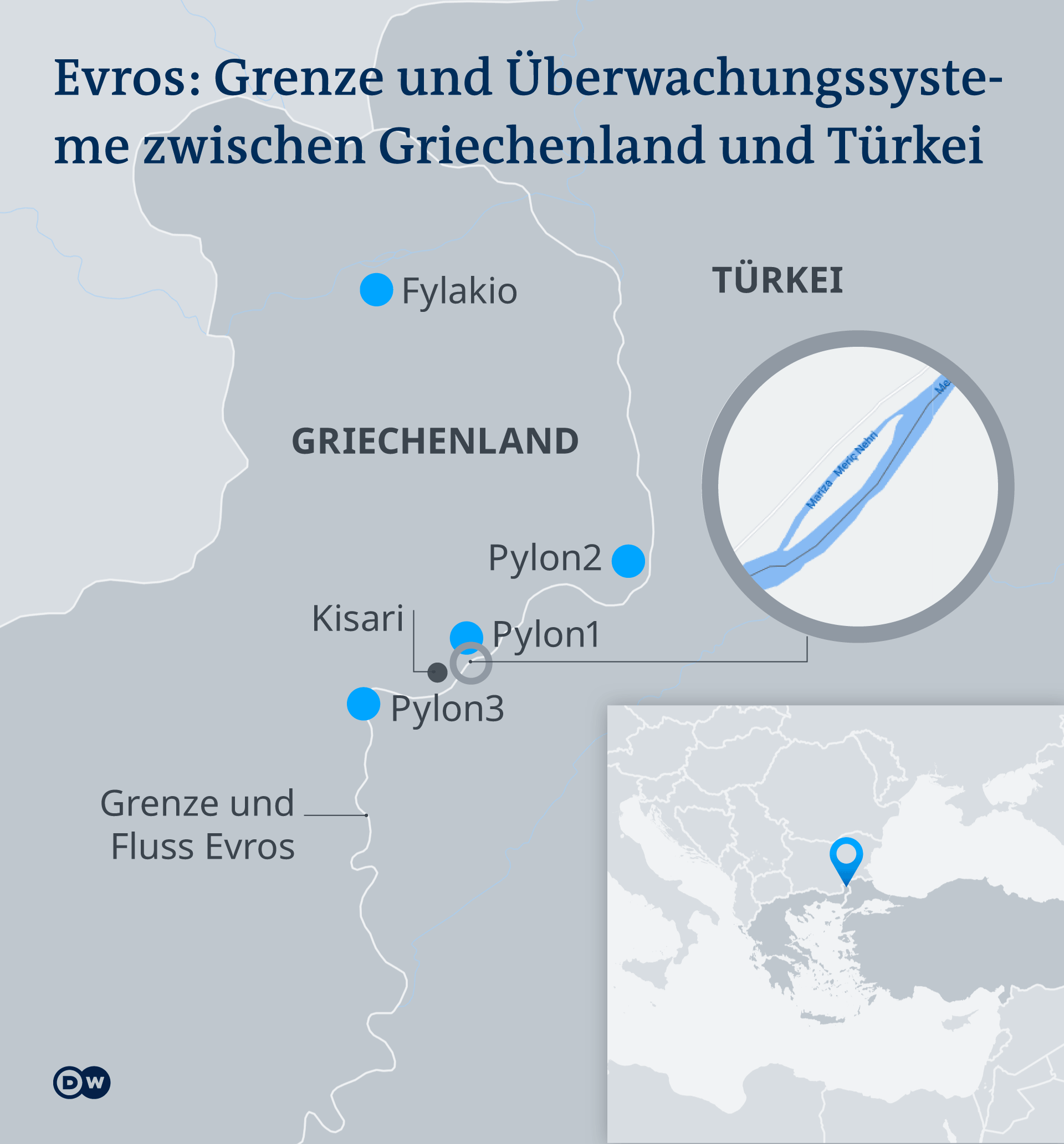 Infografik Karte Evros: Grenz- und Überwachungstechnologien zwischen Griechenland und der Türkei DE