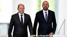 German Chancellor Olaf Scholz (L) and European Council President Charles Michel arrive to address a press conference at the Chancellery in Berlin on September 9, 2022. (Photo by John MACDOUGALL / AFP) (Photo by JOHN MACDOUGALL/AFP via Getty Images)