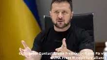 Wolodymyr Selenskyj, Präsident der Ukraine, spricht per Videolink aus dem Marienpalast zu den Teilnehmenden des Bled Strategic Forum. +++ dpa-Bildfunk +++
