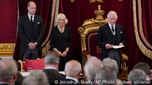 From left, Britain's Prince William, Camilla the Queen Consort, and King Charles III during the Accession Council at St James's Palace, London, Saturday, Sept. 10, 2022, where King Charles III is formally proclaimed monarch. (Jonathan Brady/Pool Photo via AP)