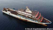 CANAKKALE, TURKIYE - SEPTEMBER 11: An aerial view of the Comoros-flagged Anatolian ship, which was attacked by Greek Coast Guards, anchoring Canakkale (Dardanelles) Strait, on September 11, 2022 in Canakkale, Turkiye. Two Greek Coast Guard boats opened fire Saturday on a ro-ro ship 18 kilometers (11 miles) off TÃ_rkiye's southwestern coast of Bozcaada, according to Turkish officials. Burak Akay / Anadolu Agency