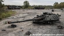 KHARKIV, UKRAINE - SEPTEMBER 11: Wrecked tanks are seen after Ukrainian army liberated the town of Balakliya in the southeastern Kharkiv oblast, Ukraine, on September 11, 2022. Metin Aktas / Anadolu Agency