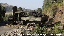 AMHARA, ETHIOPIA - DECEMBER 16: Military vehicle damaged by rebels is seen after Ethiopian army took control of Dessie town of Amhara city from the rebel Tigray People's Liberation Front (TPLF) in Ethiopia on December 16, 2021. Minasse Wondimu Hailu / Anadolu Agency