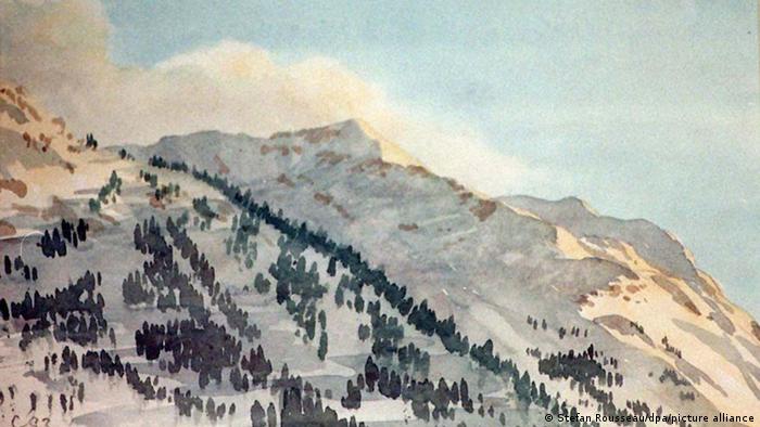 Een schilderij van een Zwitsers skigebied