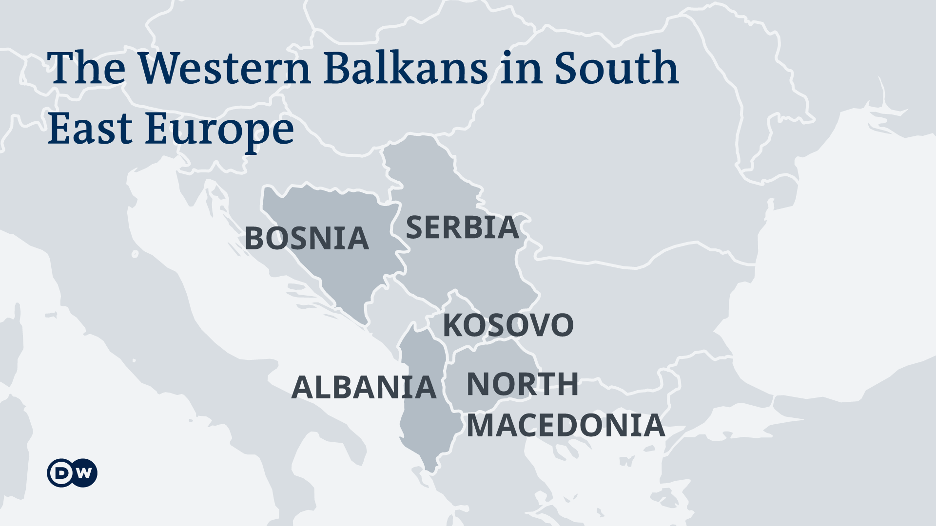 Map showing the location of Albania, Bosnia and Herzegovina, Kosovo, North Macedonia and Serbia