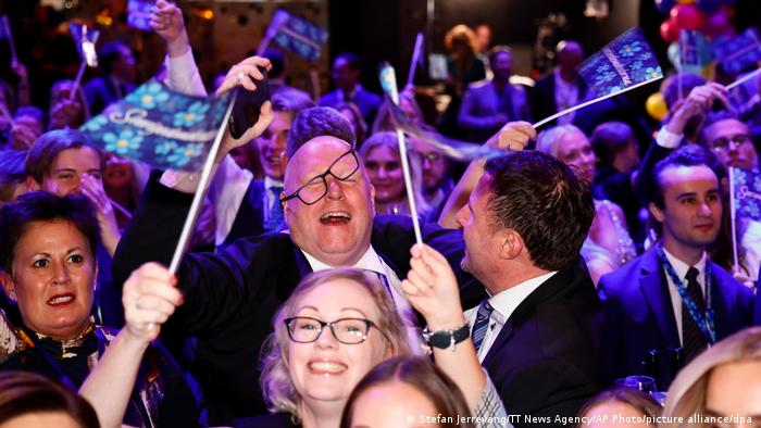Sweden Democrats in Stockholm celebrate preliminary vote results indicating a win