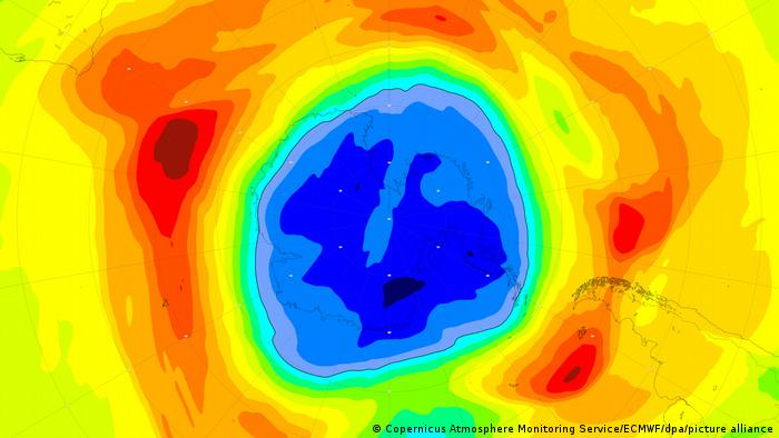 A heatmap image of the ozone hole over the Antarctic