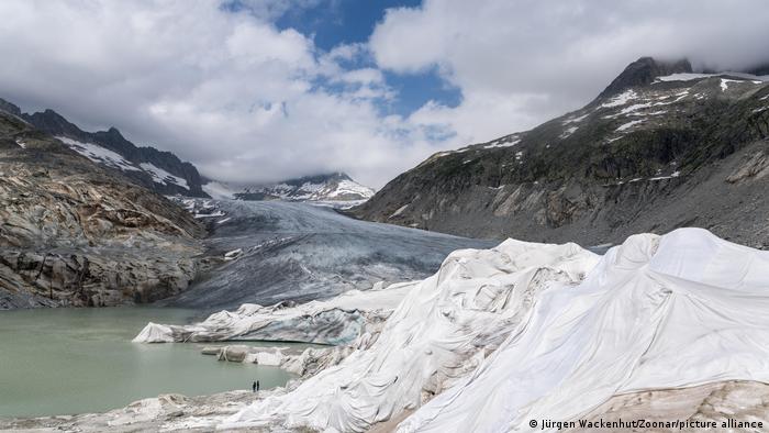 Part of the Rhone Glacier covered with white, UV-resistant blankets