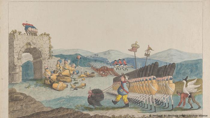 Karikatur, ein Mann hat einen Truthahn am Zügel, hinter ihm eine Armee aus Krügen mit beinen. Auf einer Brücke stehen französische Soldaten, die von oben auf ein paar zerbrochen Krüge ihr Geschäft verrichten. 