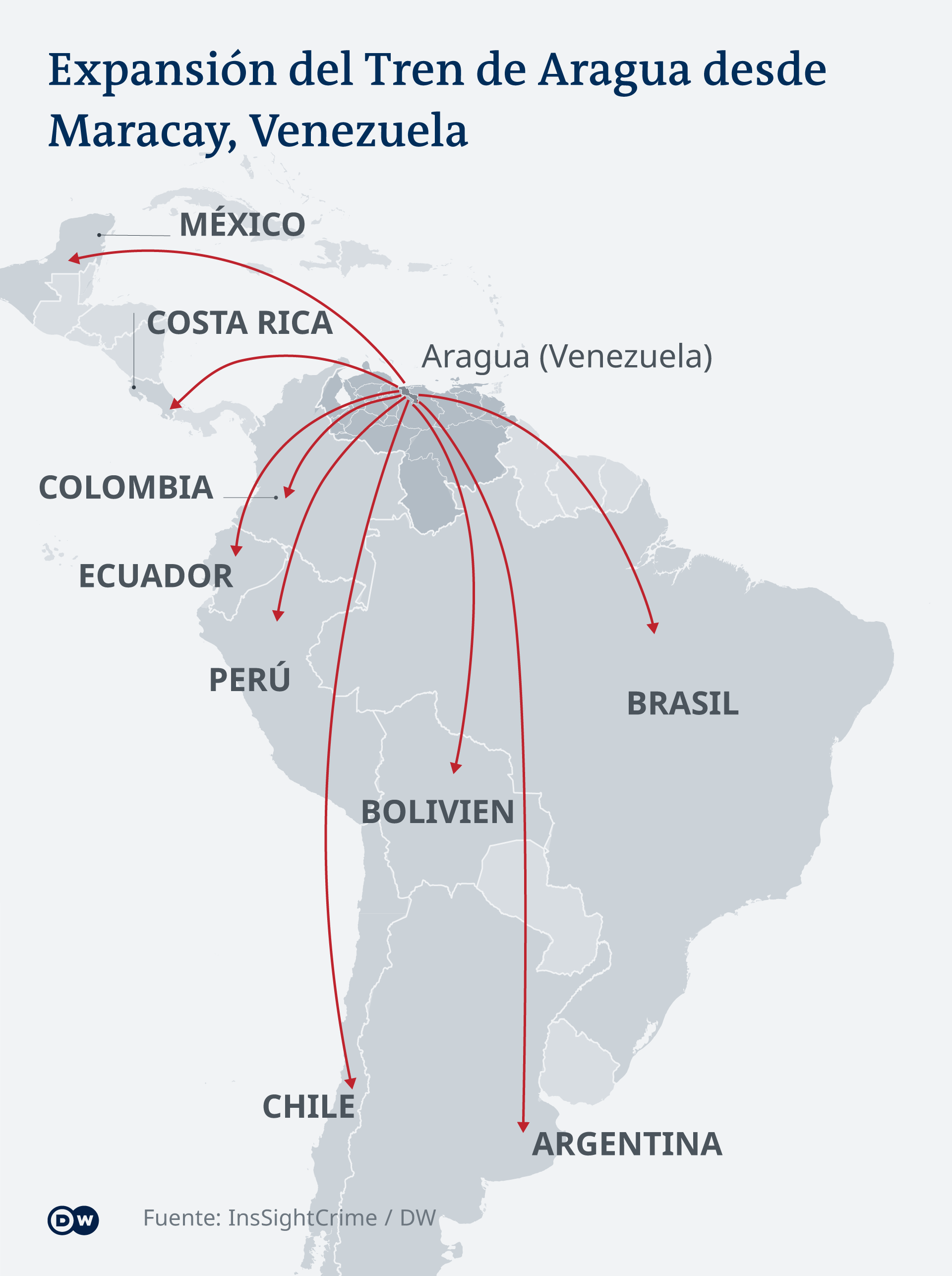 Flechas muestran la expansión desde Venezuela de la banda El Tren de Aragua