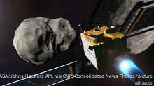 13.11.2018, USA, This illustration of the Double Asteroid Redirection Test (DART), from behind, shows the spacecraft with its Ion engine firing as it approaches Dimorphos prior to impact. DART is the worlds first full-scale planetary defense test, demonstrating one method of asteroid deflection technology. Developed and led for NASA by the Johns Hopkins Applied Physics Laboratory (APL) in Laurel, Maryland, DART will demonstrate the planetary defense technique known as kinetic impact. The DART spacecraft will slam into an asteroid and shift its orbit, taking a critical step in demonstrating ways to protect our planet from a potentially hazardous impact. DARTs target is a binary asteroid system consisting of Didymos (Greek for twin), about a half-mile across, and its smaller companion called Dimorphos (Greek for two forms), about 530 feet across. DART will use an autonomous targeting system to aim itself at Dimorphos. The spacecraft, roughly the size of a small car, will strike the smaller body at about 4 miles per second. Telescopes on Earth will observe the asteroid system and measure the change in Dimorphos orbit around Didymos. A ride-along CubeSat named LICIACube, built by the Italian Space Agency, will separate from DART before impact to observe the collision. Credit: NASA/Johns Hopkins APL via CNP