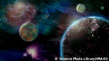 Extrasolar planet, illustration Computer illustration of an extrasolar planet with three moons and gaseous nebula. *** Extrasolar planet, illustration Computer illustration of an extrasolar planet with three moons and gaseous nebula PUBLICATIONxINxGERxSUIxHUNxONLY PHOTOSTOCK-ISRAEL/SCIENCExPHOTOxLIBRARY F034/2730 