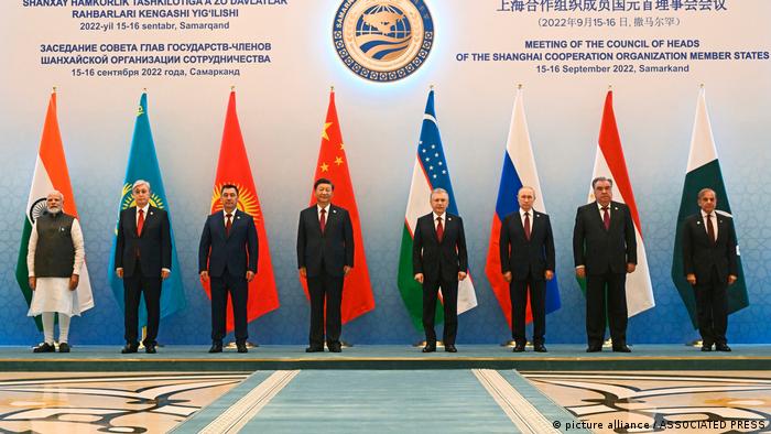 Regional leaders pose for a photo prior to the Shanghai Cooperation Organisation (SCO) summit in Samarkand, Uzbekistan