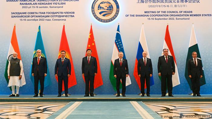 Regional leaders pose for a photo prior to the Shanghai Cooperation Organisation (SCO) summit in Samarkand, Uzbekistan