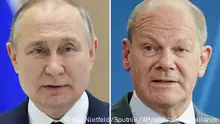 Die Kombo zeigt Russlands Präsident Wladimir Putin (Foto von der staatlichen russischen Nachrichtenagentur Sputnik über AP) und Bundeskanzler Olaf Scholz (SPD) bei einer Pressekonferenz im Bundeskanzleramt. Bundeskanzler Olaf Scholz und Russlands Präsident Wladimir Putin haben nach Angaben aus Moskau wieder miteinander telefoniert. +++ dpa-Bildfunk +++