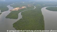 Die undatierte Aufnahme mit einer Drohne, die von der Umweltschutzgruppe Jaringan Advokasi Tambang (Jatam) zur Verfügung gestellt worden ist, zeigt die Gegend in Ostkalimantan auf Borneo, in der Nusantara, die künftige Hauptstadt Indonesiens entstehen soll. (zu Projekt Nusantara: Indonesien baut neue Hauptstadt im Dschungel) +++ dpa-Bildfunk +++