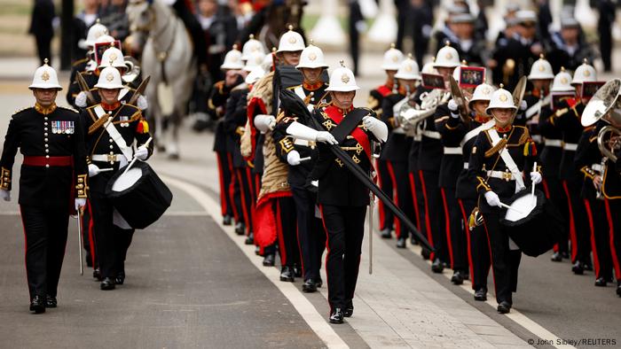 The marching band of the Royal Marines pictured outside Westminster Abbey The marching band of the Royal Marines pictured outside Westminster Abbey