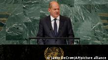 Chancellor of Germany Olaf Scholz addresses the 77th session of the United Nations General Assembly, at U.N. headquarters, Tuesday, Sept. 20, 2022. (AP Photo/Jason DeCrow)