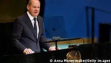 NEW YORK, NEW YORK - SEPTEMBER 20: German Chancellor Olaf Scholz speaks during the 77th session of the United Nations General Assembly (UNGA) at U.N. headquarters on September 20, 2022 in New York City. After two years of holding the session virtually or in a hybrid format, 157 heads of state and representatives of government are expected to attend the General Assembly in person. (Photo by Anna Moneymaker/Getty Images)
