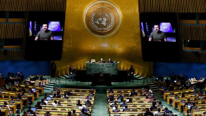 Foto de Volodimir Zelenski en su discurso ante la ONU