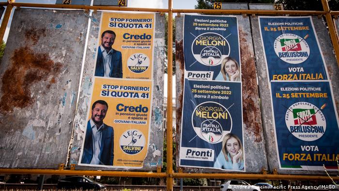 Campaign posters for the right-wing Italian parties Lega, Brothers of Italy and Forza Italia.