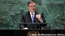 Mexico's Foreign Minister Marcelo Ebrard addresses the 76th Session of the United Nations General Assembly, Thursday, Sept. 23, 2021 at U.N. headquarters. (AP Photo/Mary Altaffer, Pool)
