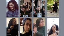 Montage of eight screenshots of Iranian women cutting off their long hair.
