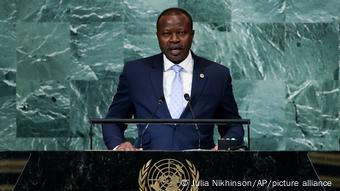 Le lieutenant-colonel Paul-Henri Sandaogo Damiba à la tribune de la 77e session de l'Assemblée générale de l'Onu le 23 septembre 2022