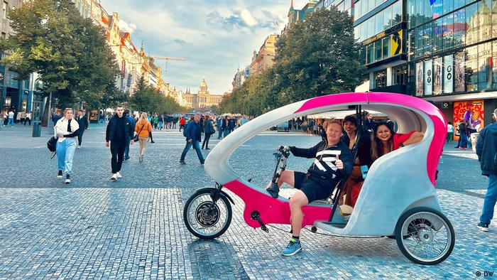 Laila Abdalla and Shabnam Surita in cycle rickshaw in Prague