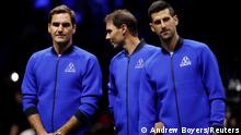 Tennis - Laver Cup - 02 Arena, London, Britain - September 23, 2022
Team Europe's Rafael Nadal, Novak Djokovic and Roger Federer are pictured before the match between Team Europe's Casper Ruud and Team World's Jack Sock Action Images via Reuters/Andrew Boyers
