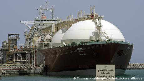 An LGN tanker parked at a port in Qatar