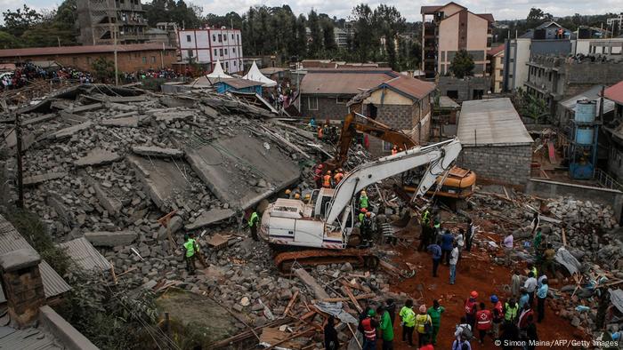 An aerial view of the scene of a collapsed building, blamed on poor construction materials in Kirigiti, Kiambu in Kenya