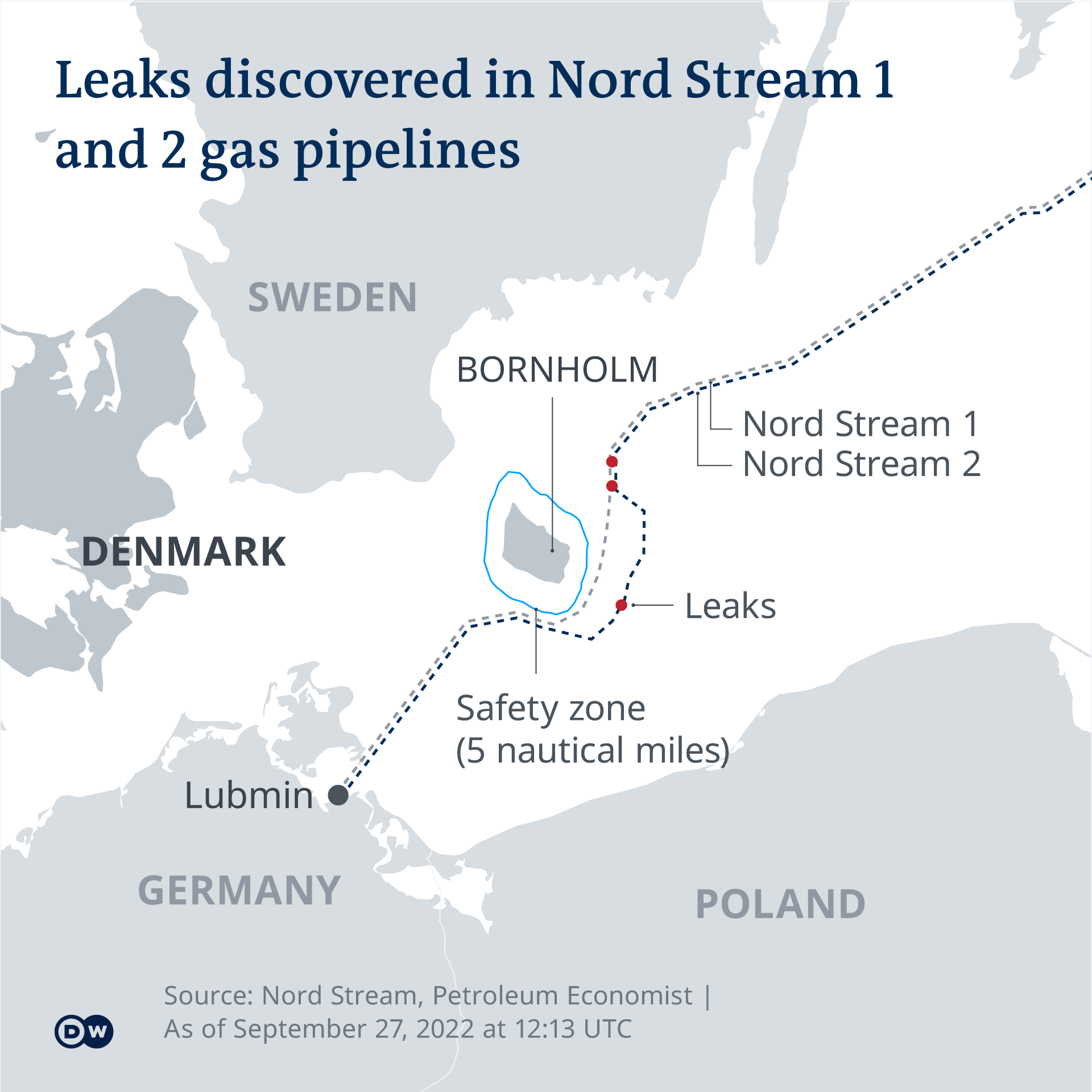 Map showing the areas where the nordstream 1 and 2 pipelines have leaked