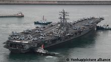 26.09.2022****S. Korea, U.S. begin combined naval exercise The U.S. nuclear-powered aircraft carrier Ronald Reagan sails from a naval base in Busan, southeastern South Korea, on Sept. 26, 2022, as South Korea and the United States kicked off their first combined naval exercise, involving the American aircraft carrier, near the peninsula in five years. The four-day drills came as Seoul and Washington are cranking up security cooperation amid continued speculation that North Korea could engage in provocative acts, like a nuclear test or submarine-launched ballistic missile launch. (Yonhap)/2022-09-26 10:29:20/