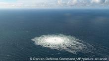 27.09.2022 A large disturbance in the sea can be observed off the coast of the Danish island of Bornholm Tuesday, Sept. 27, 2022 following a series of unusual leaks on two natural gas pipelines running from Russia under the Baltic Sea to Germany have triggered concerns about possible sabotage. Danish Prime Minister Mette Frederiksen says she “cannot rule out” sabotage after three leaks were detected on Nord Stream 1 and 2. (Danish Defence Command via AP)