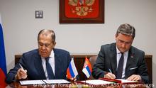  NEW YORK CITY, UNITED STATES - SEPTEMBER 23, 2022: Russia s Foreign Minister Sergei Lavrov L and Serbia s Foreign Minister Nikola Selakovic sign a plan for consultations of their countries diplomatic missions on the sidelines of the 77th session of the United Nations General Assembly at the UN headquarters. Russian Foreign Ministry Press Office/TASS PUBLICATIONxINxGERxAUTxONLY TS1438C2