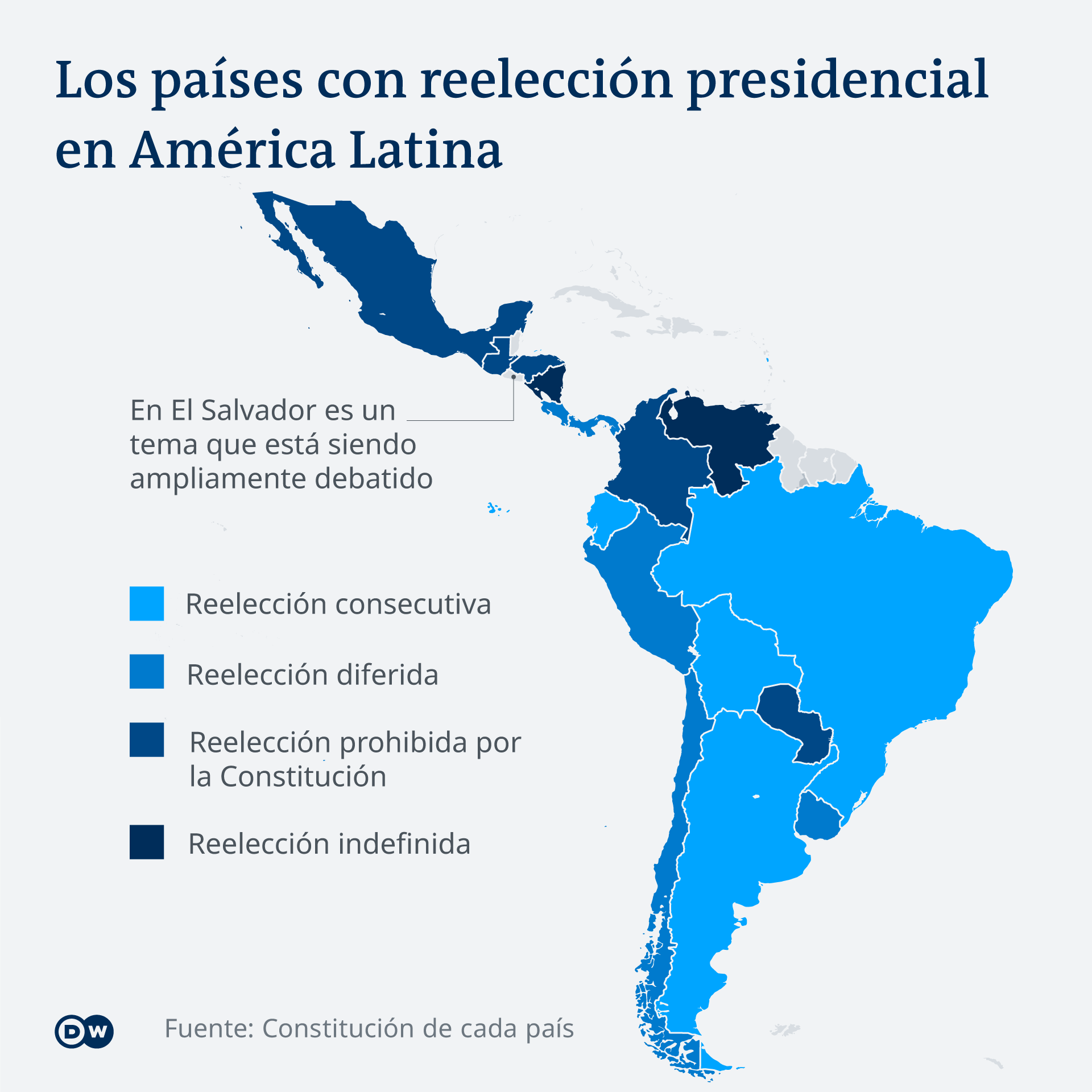 Mapa de América Latina con los países donde se permite la reelección presidencial
