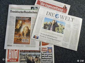 Titelseiten deutscher Tageszeitungen mit Fotos der zu Guttenbergs (Foto: DW)