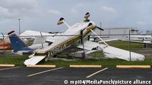 PEMBROKE PINES, FL - SEPTEMBER 28: A general view of the aftermath as Small aircraft are seen flipped up side down after a reported tornado touches down at North Perry Airport as Hurricane Ian approaches on September 28, 2022 in Pembroke Pines Florida Credit: mpi04/MediaPunch