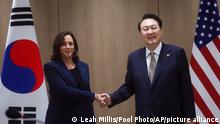 U.S. Vice President Kamala Harris, left, and South Korea's President Yoon Suk Yeol hold a bilateral meeting in Seoul, South Korea, Thursday, Sept. 29, 2022.(Leah Millis/Pool Photo via AP)