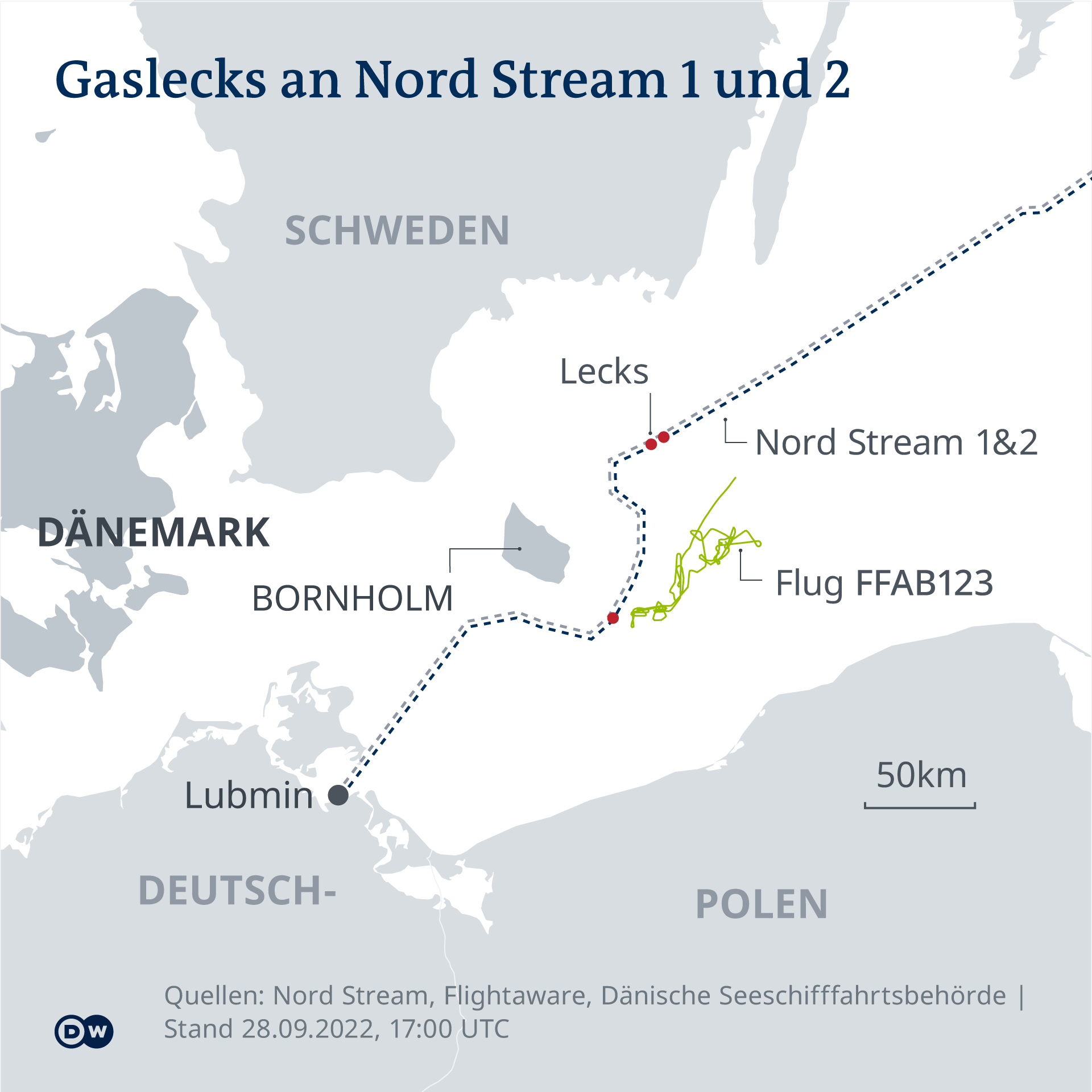 Infografik - Gaslecks an Nord Stream 1 und 2 - DE