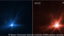 September 28, 2022 - Space - For the first time, NASA's James Webb Space Telescope and Hubble Space Telescope have taken simultaneous observations of the same target. These images, Hubble (blue) and Webb (red), show observations of Dimorphos several hours after NASA's Double Asteroid Redirection Test (DART) intentionally impacted the moonlet asteroid. It was the world's first test of the kinetic impact technique using a spacecraft to deflect an asteroid by modifying its orbit. Both Webb and Hubble observed the asteroid before and after the collision took place. (Credit Image: © Space Telescope Science Institute/ZUMA Press Wire Service/ZUMAPRESS.com