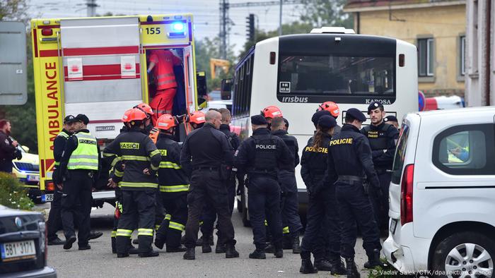 Rescue workers and police at the scene of the accident