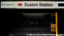 The closed gates of Euston Station are pictured on October 1, 2022, as strike action by railway staff restarts. - Members of four trade unions kicked off a 24-hour walkout, which is set to create the worst rail disruption of the strike-hit year so far, as some areas of the country see no services all day. (Photo by Niklas HALLE'N / AFP) (Photo by NIKLAS HALLE'N/AFP via Getty Images)