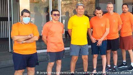 A photo released by Venezuela's foreign minister showing Jose Angel Pereira (left to right), Gustavo Cardenas, Jorge Toledo, Jose Luis Zambrano, Tomeu Vadell and Alirio Jose Zambrano