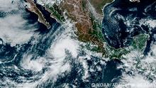 This satellite image taken at 20:20 UTC and provided by NOAA shows Tropical Storm Orlene on Saturday, Oct. 1, 2022. Orlene grew to hurricane strength Saturday and is heading for an expected landfall early next week on Mexico's northwestern Pacific coast. (NOAA via AP)